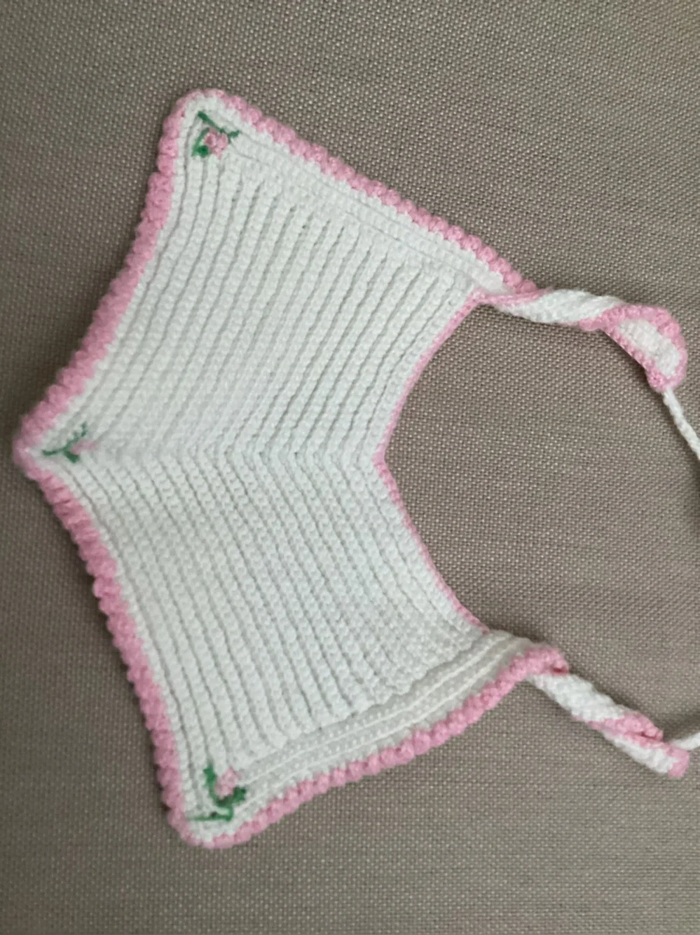Vintage handmade crochet baby’s cotton pink, white and green embroiderd ROSES.
